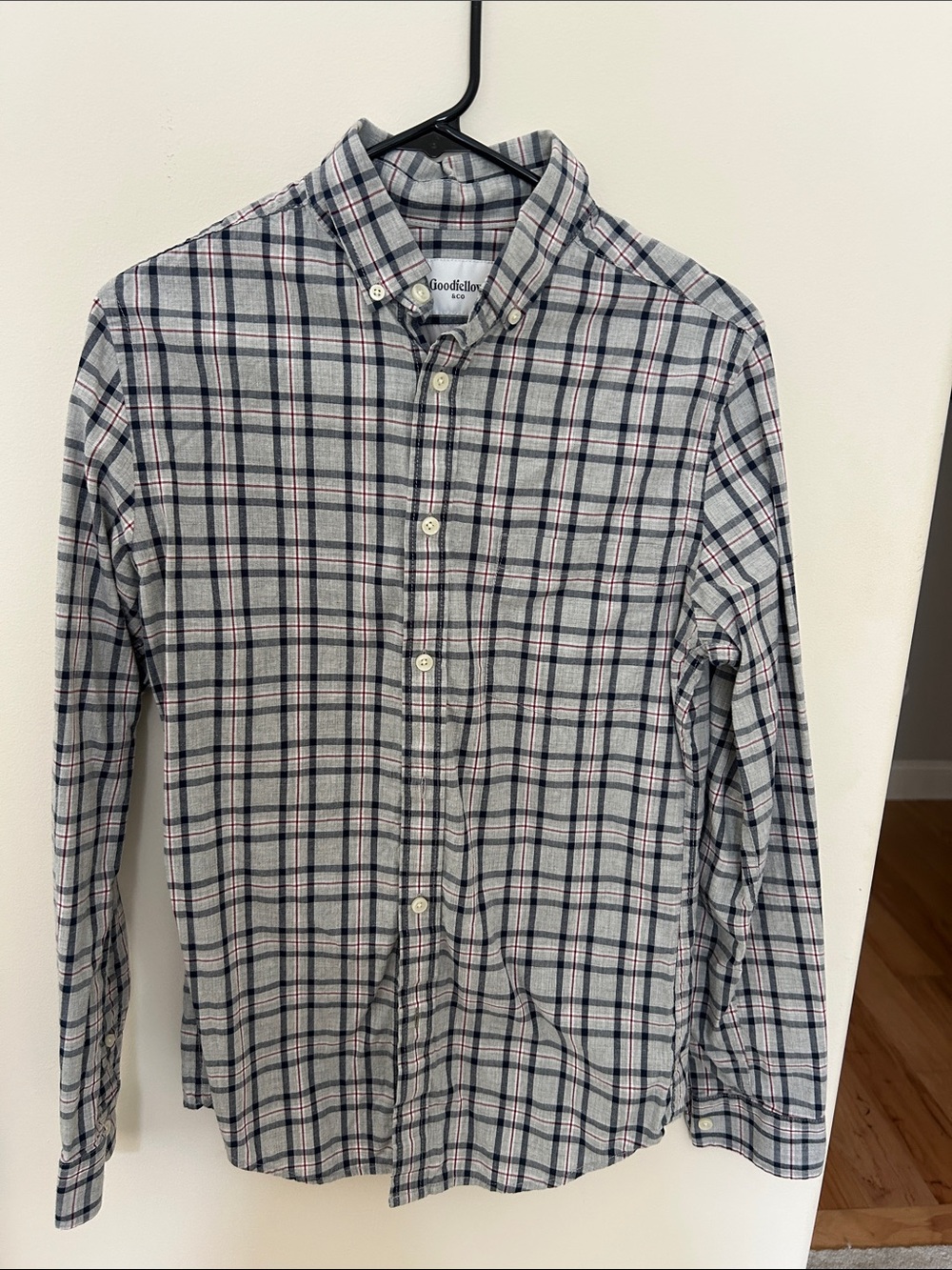 Goodfellow & Co Men's White Button-Down Plaid Shirt with Blue and Red Stripes
